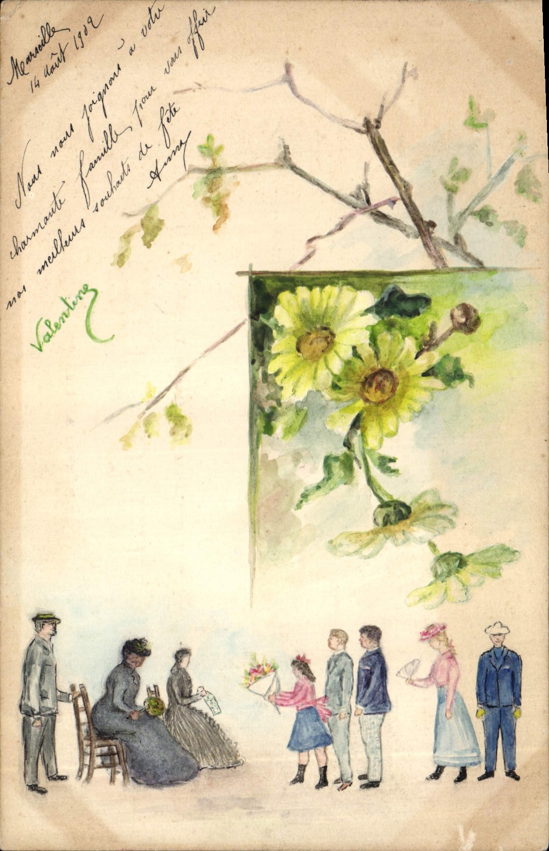 Famille de Valentin — scène de rue avec fleurs — éditeur Mouilloy-Manosille, n° non visible
