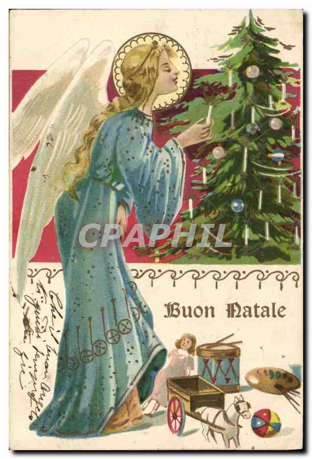 Ange décorant un sapin de Noël — texte 'Buon Natale' — éditeur non identifié