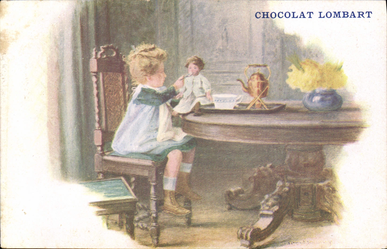 Enfant servant une poupée à table — Chocolat Lombart