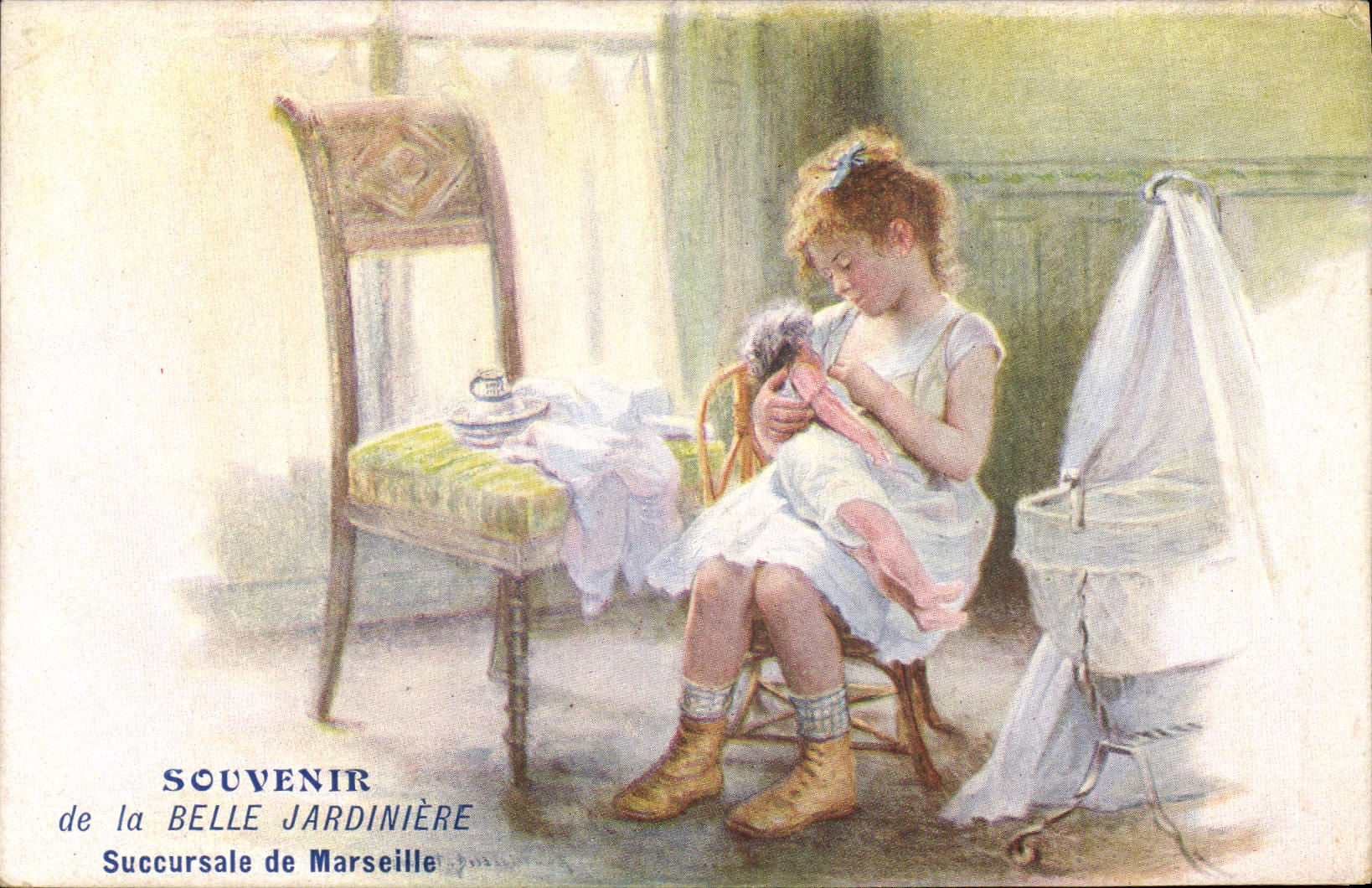 Petite fille avec poupée — Souvenir de la Belle Jardinière — Succursale de Marseille