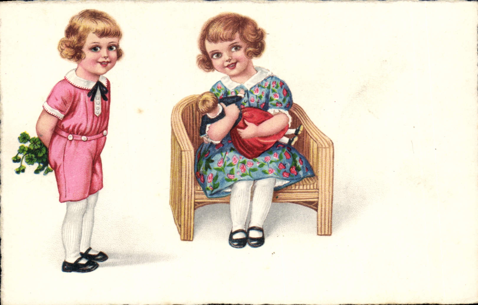 Deux jeunes filles — une tenant un bouquet de trèfles, l'autre tenant un bébé — éditeur Collaro, n° de série non visible