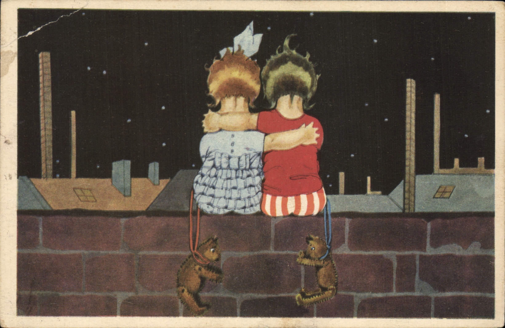 Deux enfants sur un mur de toit — nuit étoilée — éditeur non visible
