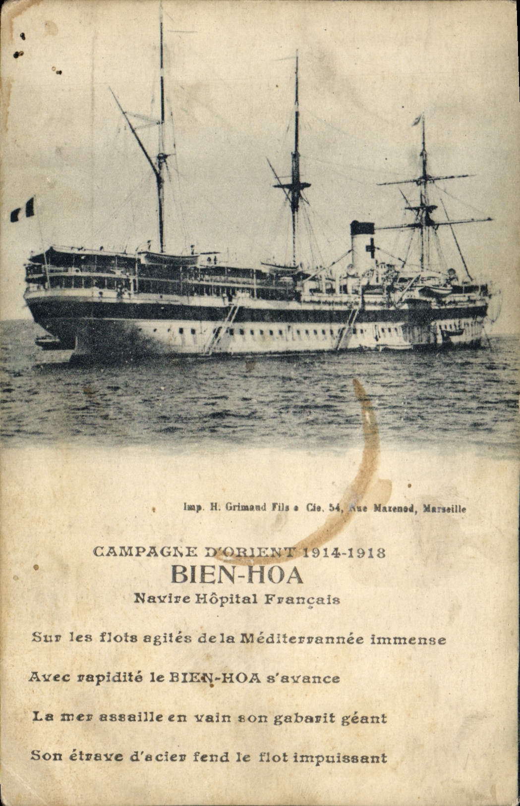 CPA Bateau de Guerre Bien Hoa Navire Hopital Francais Croix Rouge 