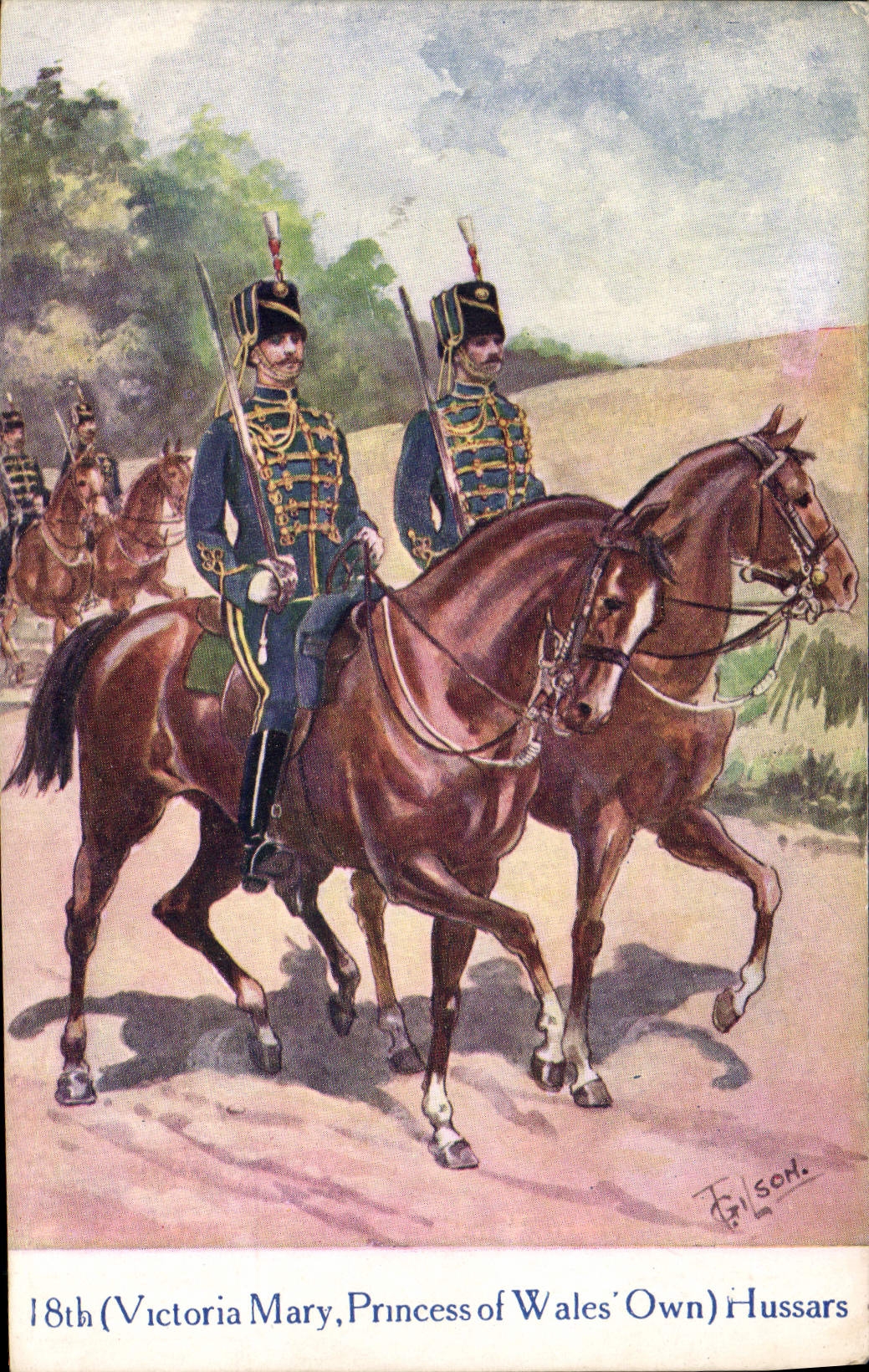 18th (Victoria Mary, Princess of Wales' Own) Hussars — illustration de cavaliers — E.J. Huc 'Famous Regiments' Series No. 597