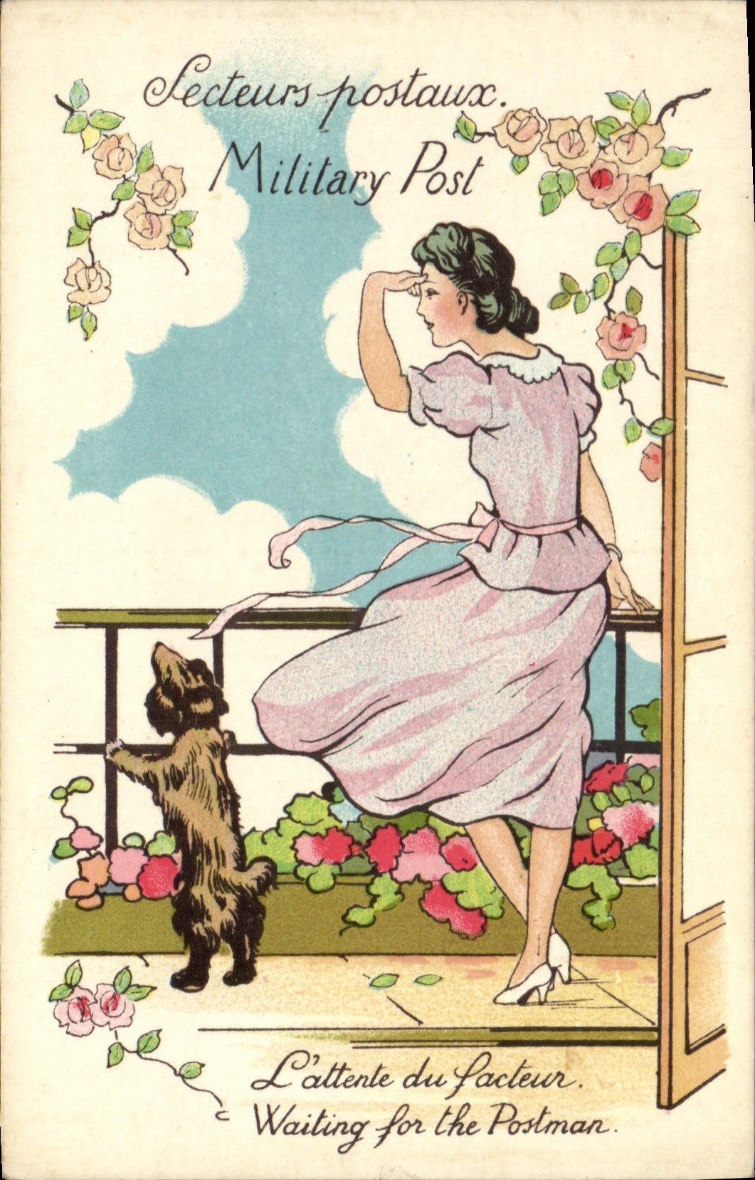 Femme et chien attendant le facteur — Sélecteurs Postaux, n° 205 — Imprimerie Vira Genèvre