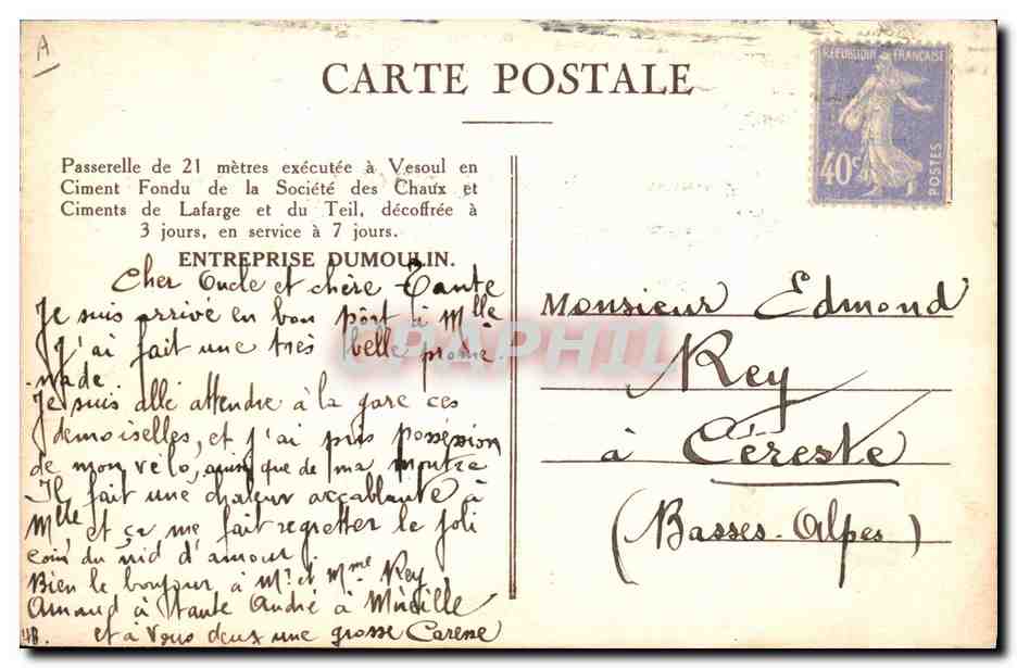 CPA Ciment Fondu Lafarge Passerelle executee a Vesoul Entreprise Dumoulin — Rückseite