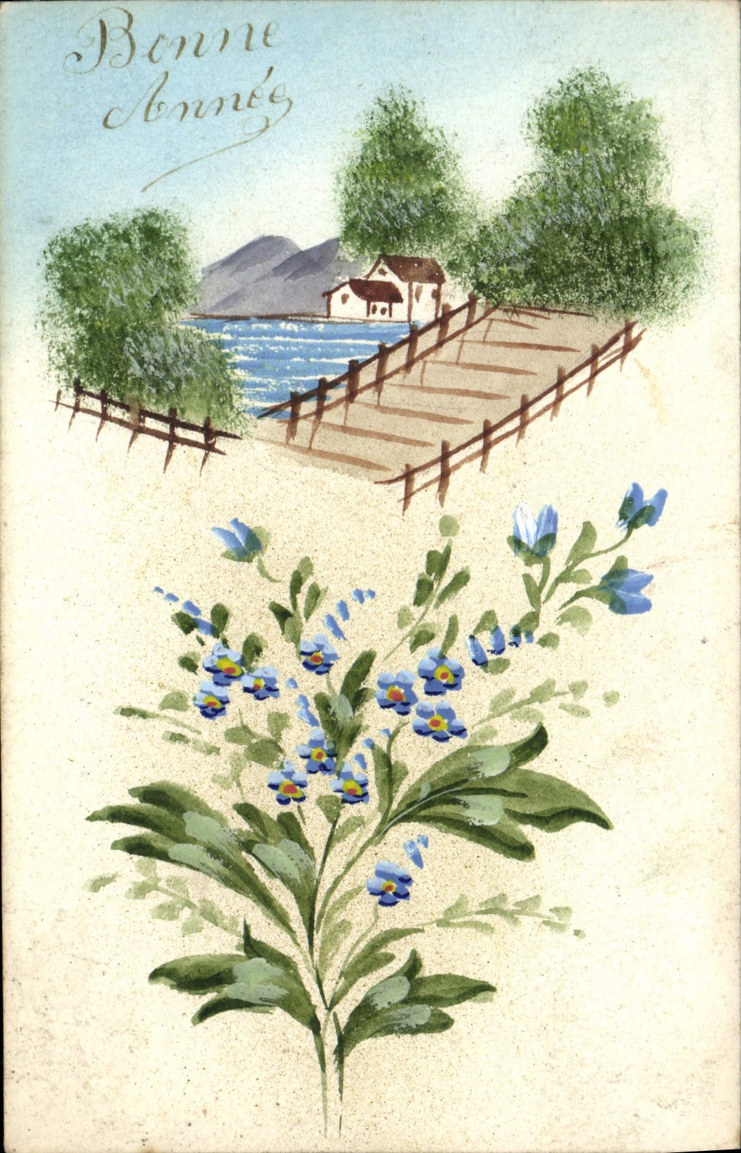 Bonne Année — paysage lacustre avec maison et fleurs — éditeur non visible
