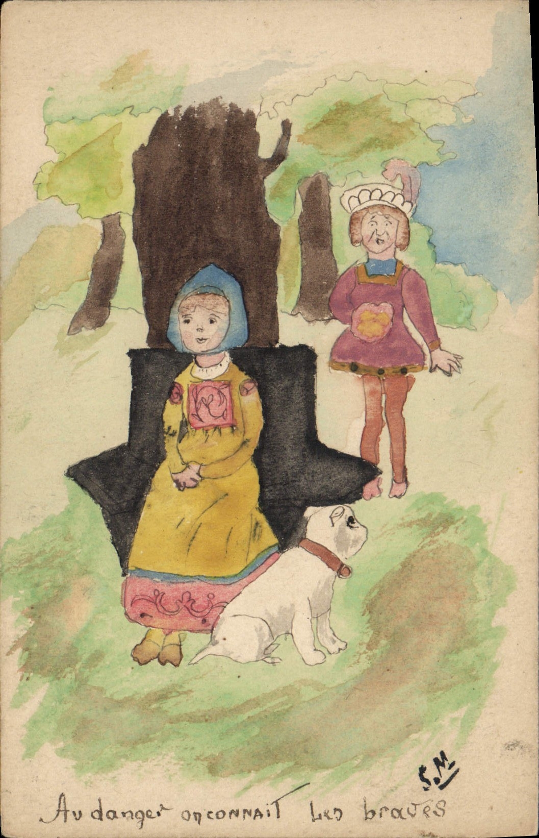 Deux enfants et un chien dans un paysage — S.M. — éditeur non visible