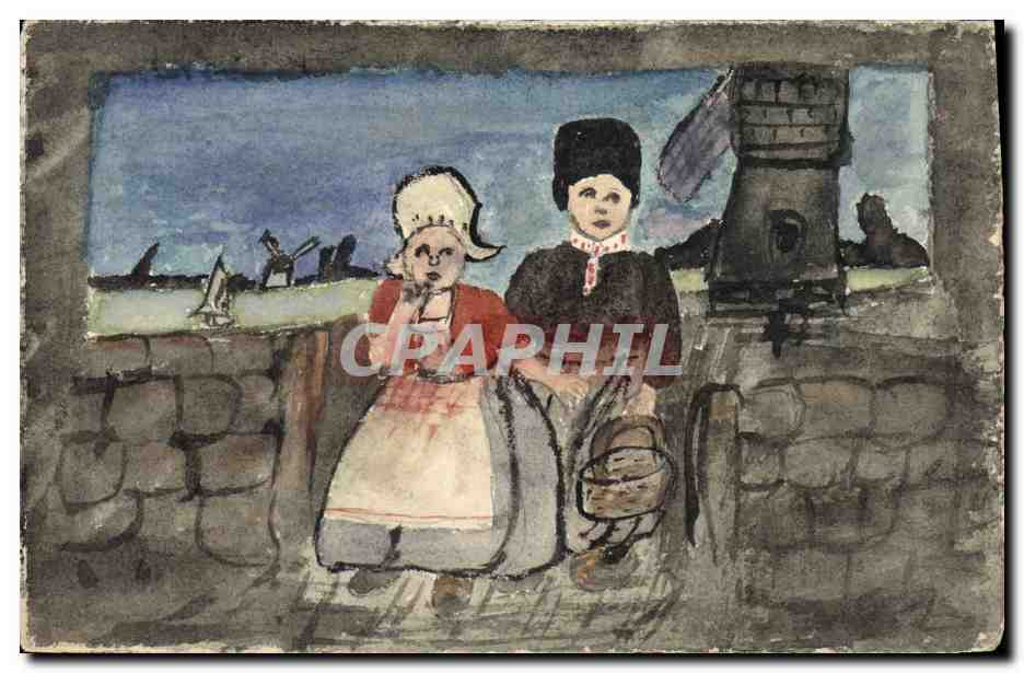 CPA Fantaisie (dessin a la main) Enfants Moulin a vent 