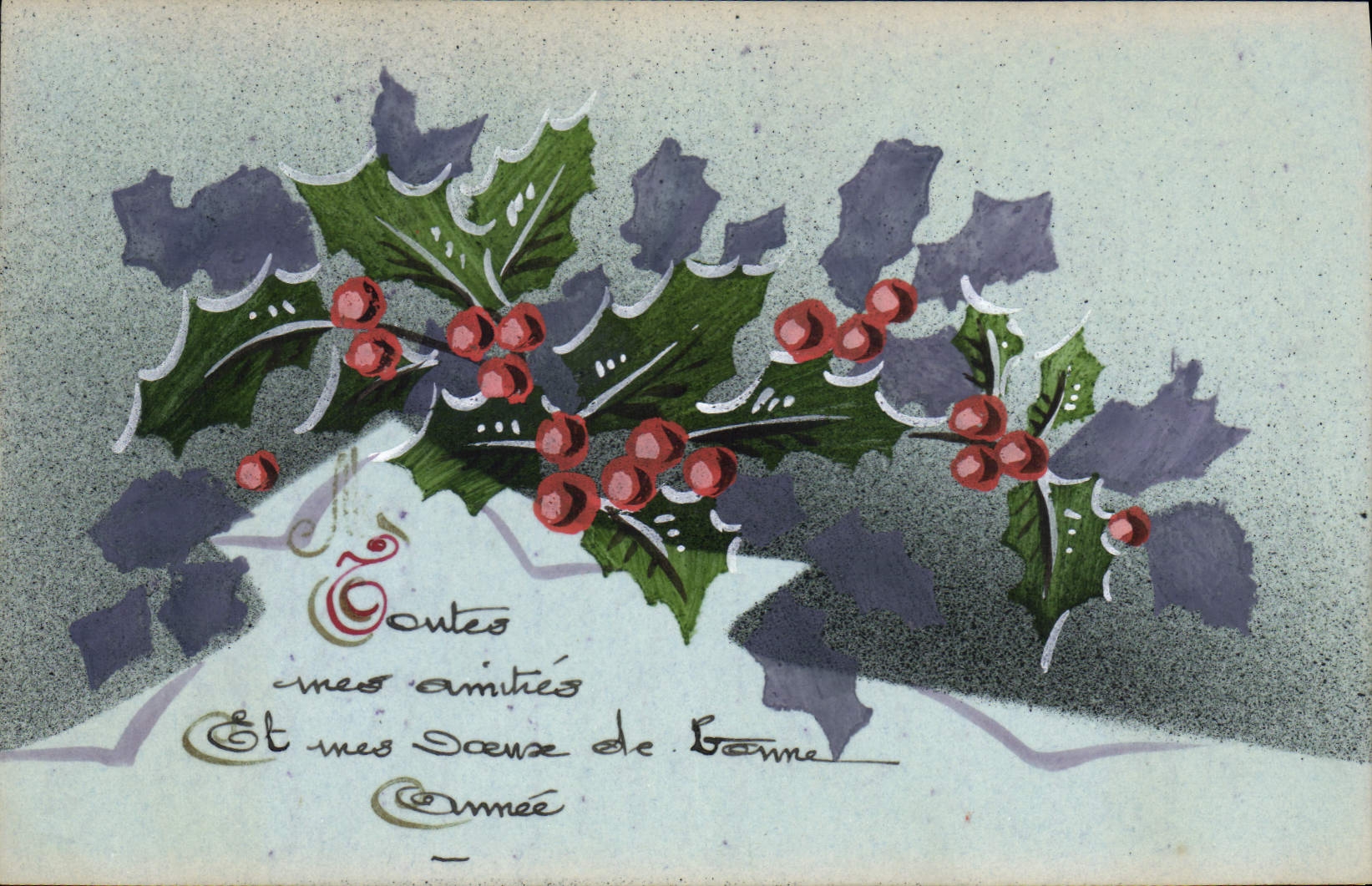 Houx et baies — Carte de vœux de Noël — Éditeur non identifié, n° de série non visible