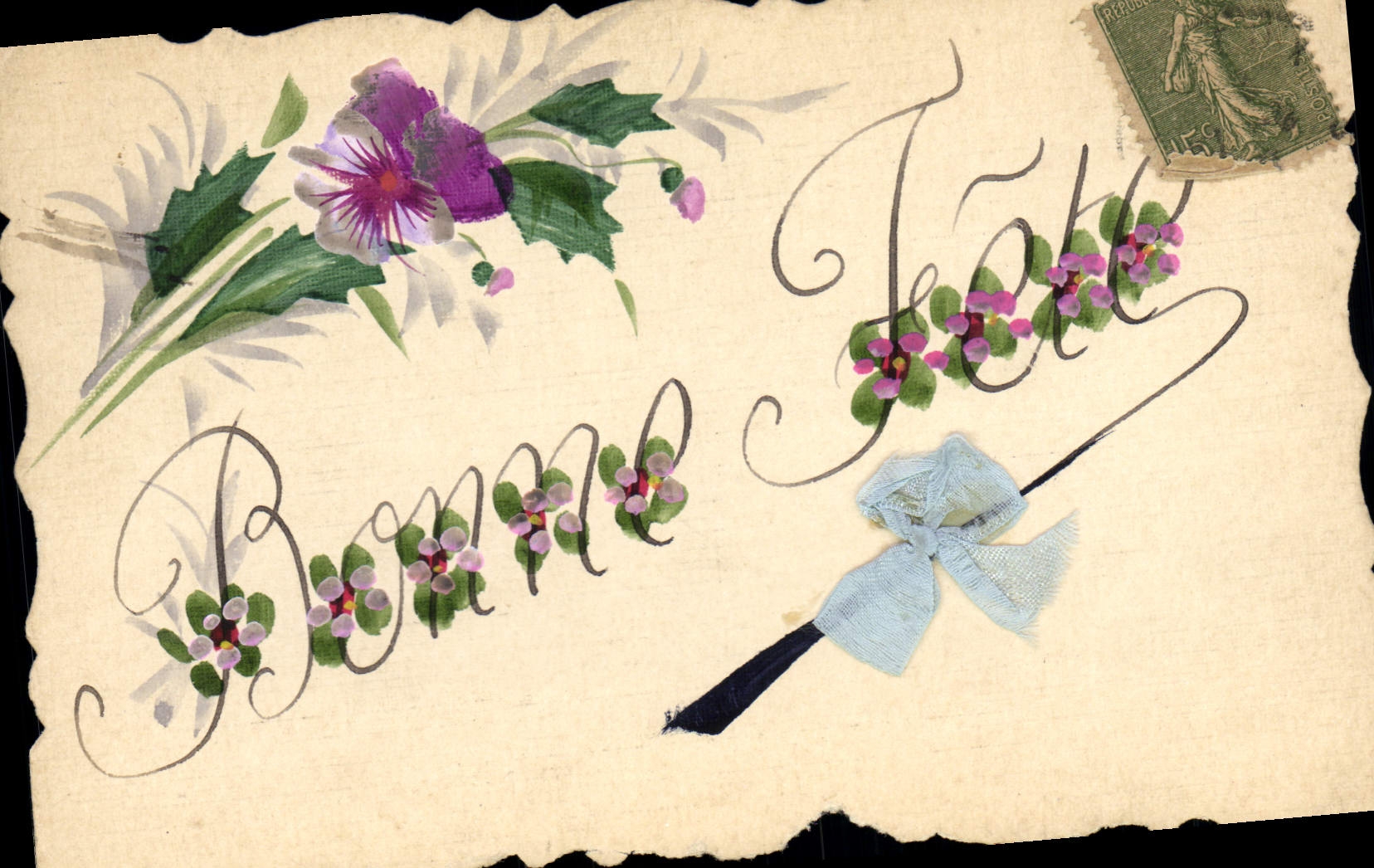 Fleurs et ruban — Bonne Fête — timbre 50c République