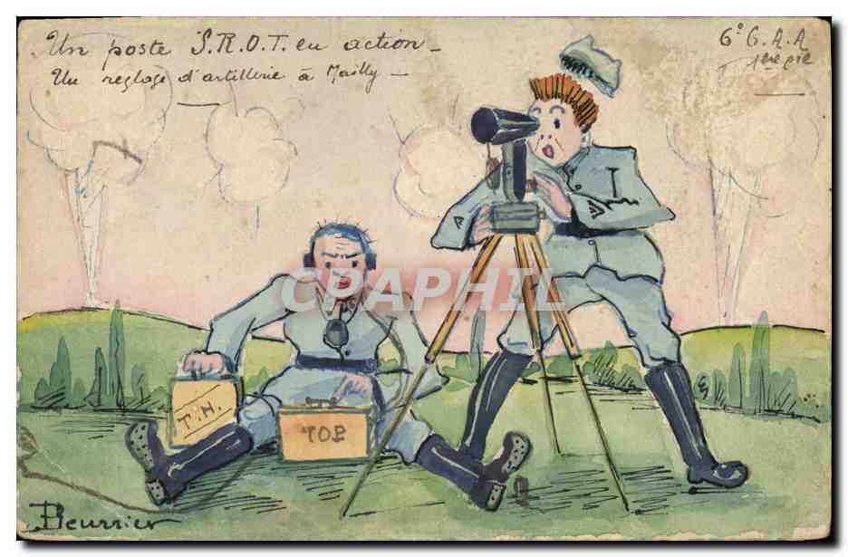 CPA Fantaisie (dessin a la main) Militaria Un poste SROT en action Mailly Artillerie 