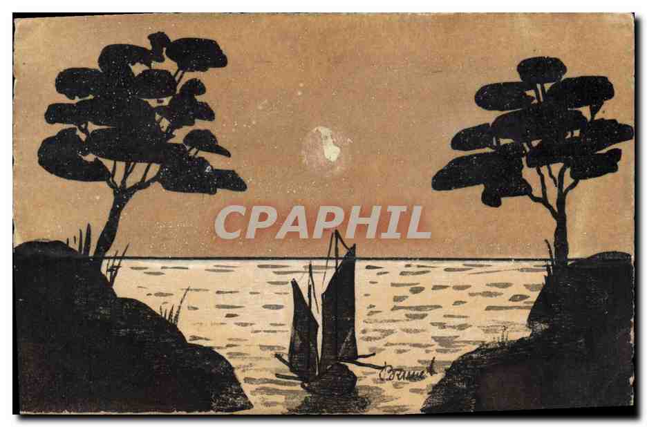CPA Fantaisie (dessin a la main) Paysage Bateau 