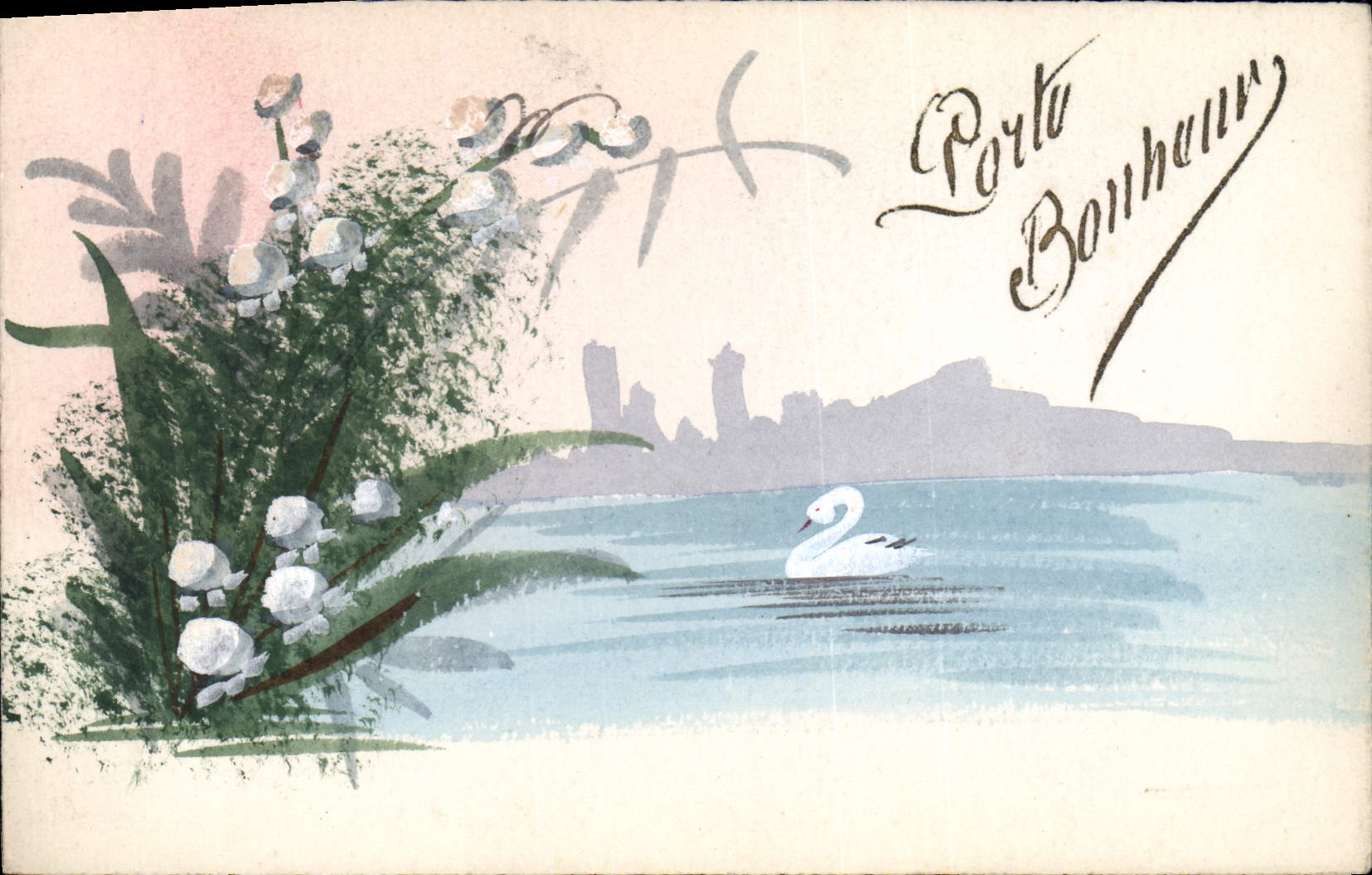 Lac avec cygne — fleurs de lys — texte 'Porte Bonheur' — éditeur CPAPHIL
