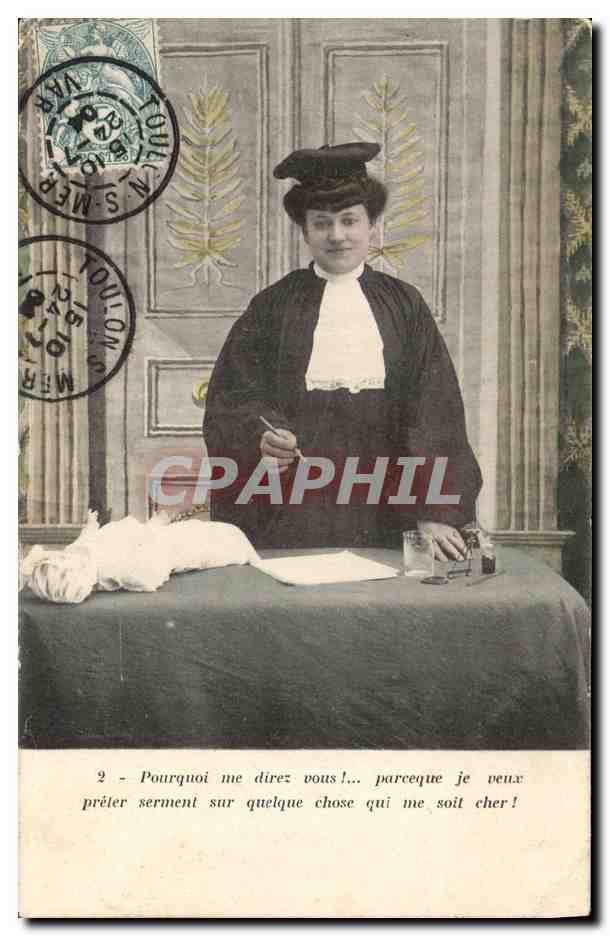 Femme en robe de jurisconsulte — scène de serment — éditeur non visible