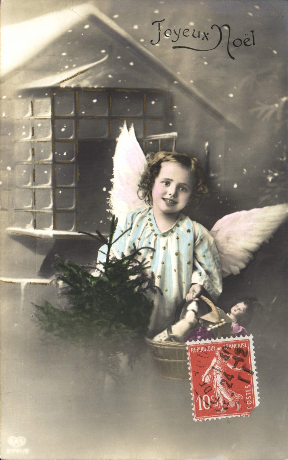 Enfant ange tenant sapin — Joyeux Noël — Éditeur inconnu