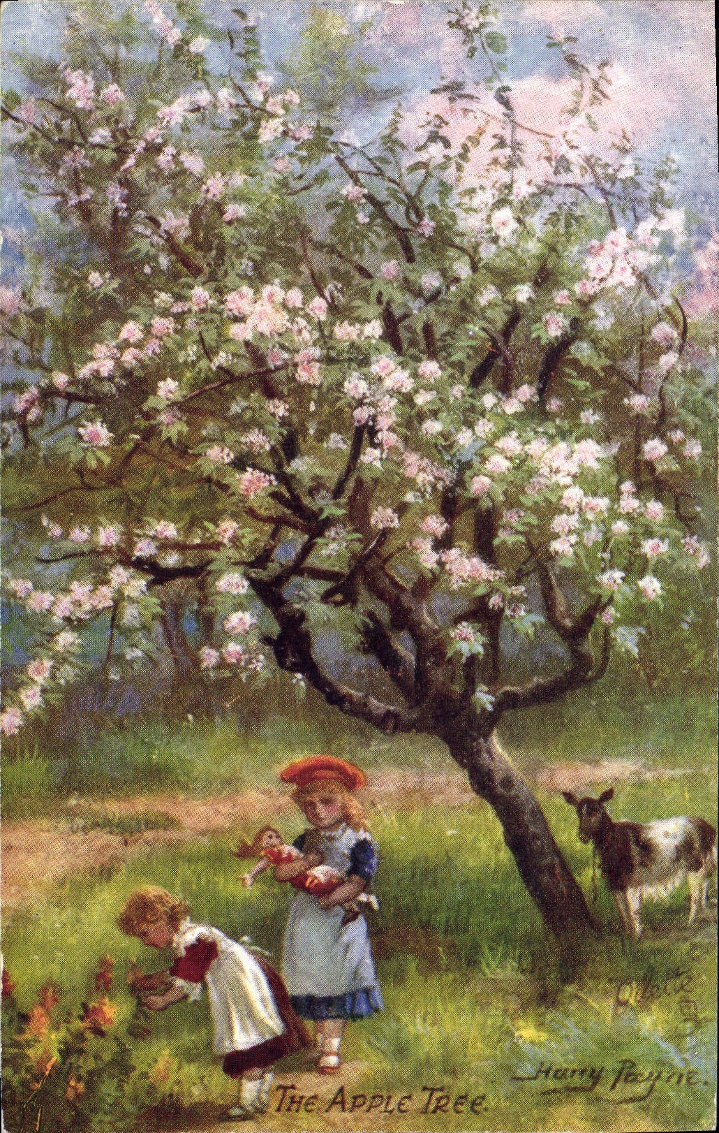 Fille et poupée sous un arbre fruitier — Harry Payne — Tuck's Post Card n° 6550
