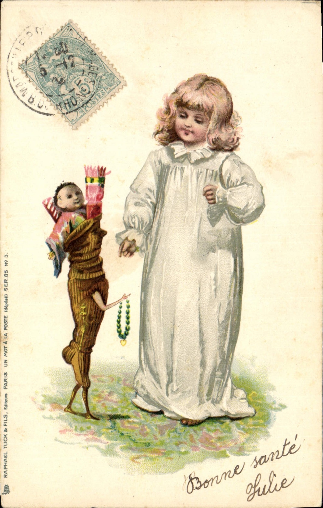Niño con muñeca — Buena salud — Raphael Tuck & Fils, París, serie 85, n°3