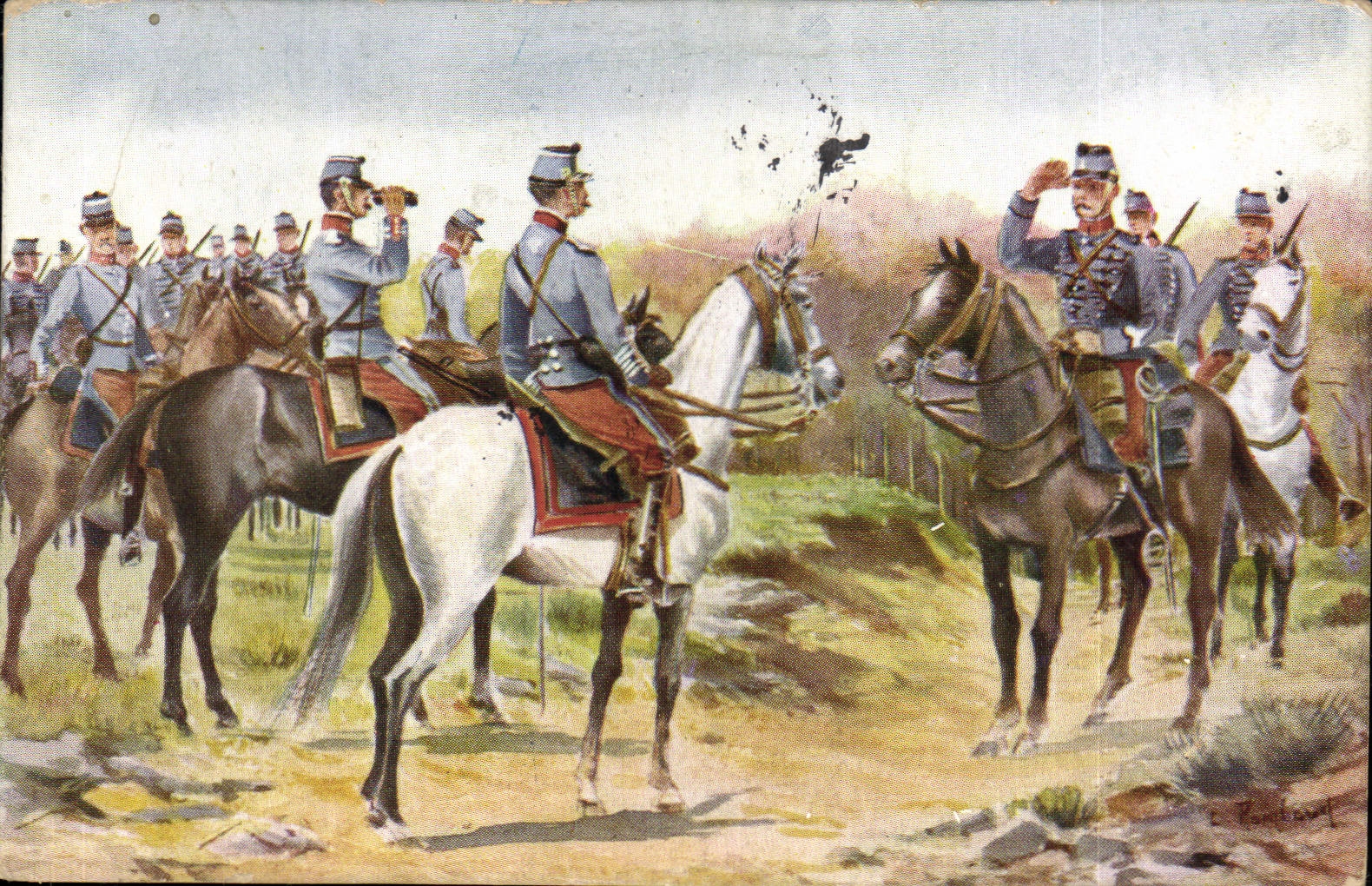 Scène militaire à cheval — soldats en uniforme bleu — éditeur C. Lombard