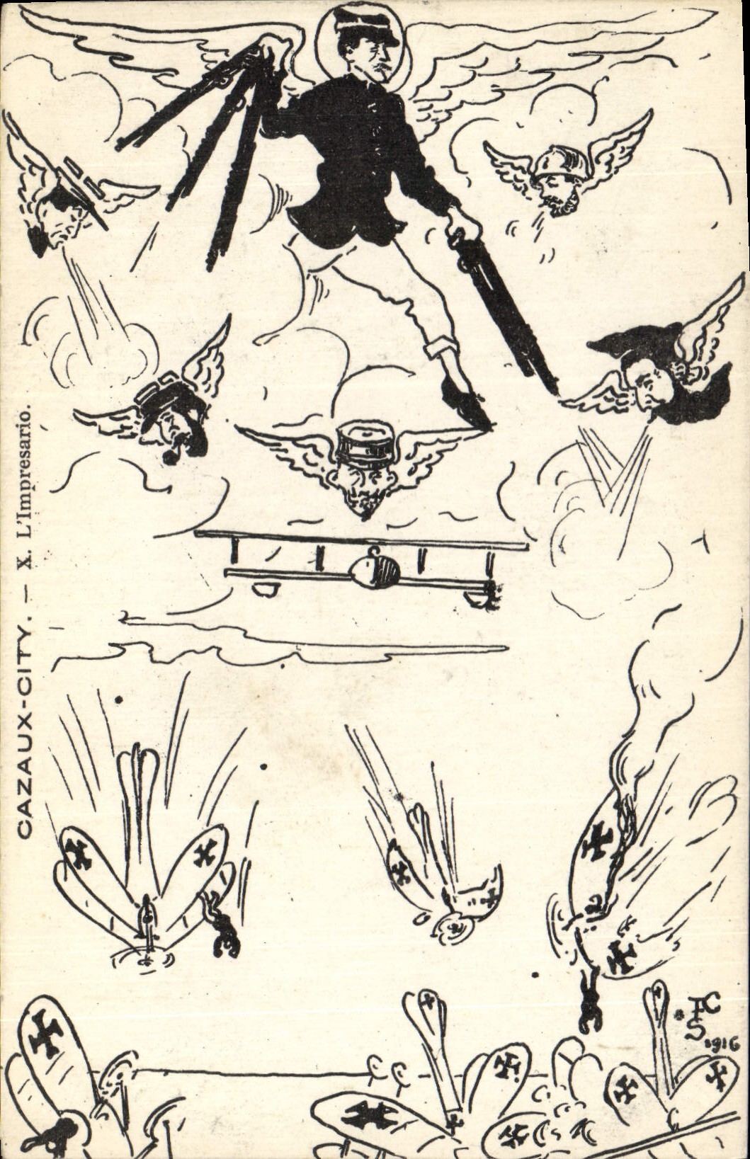 Cazaux-City — caricature aérienne avec ange armé — L’Impresario, n° X