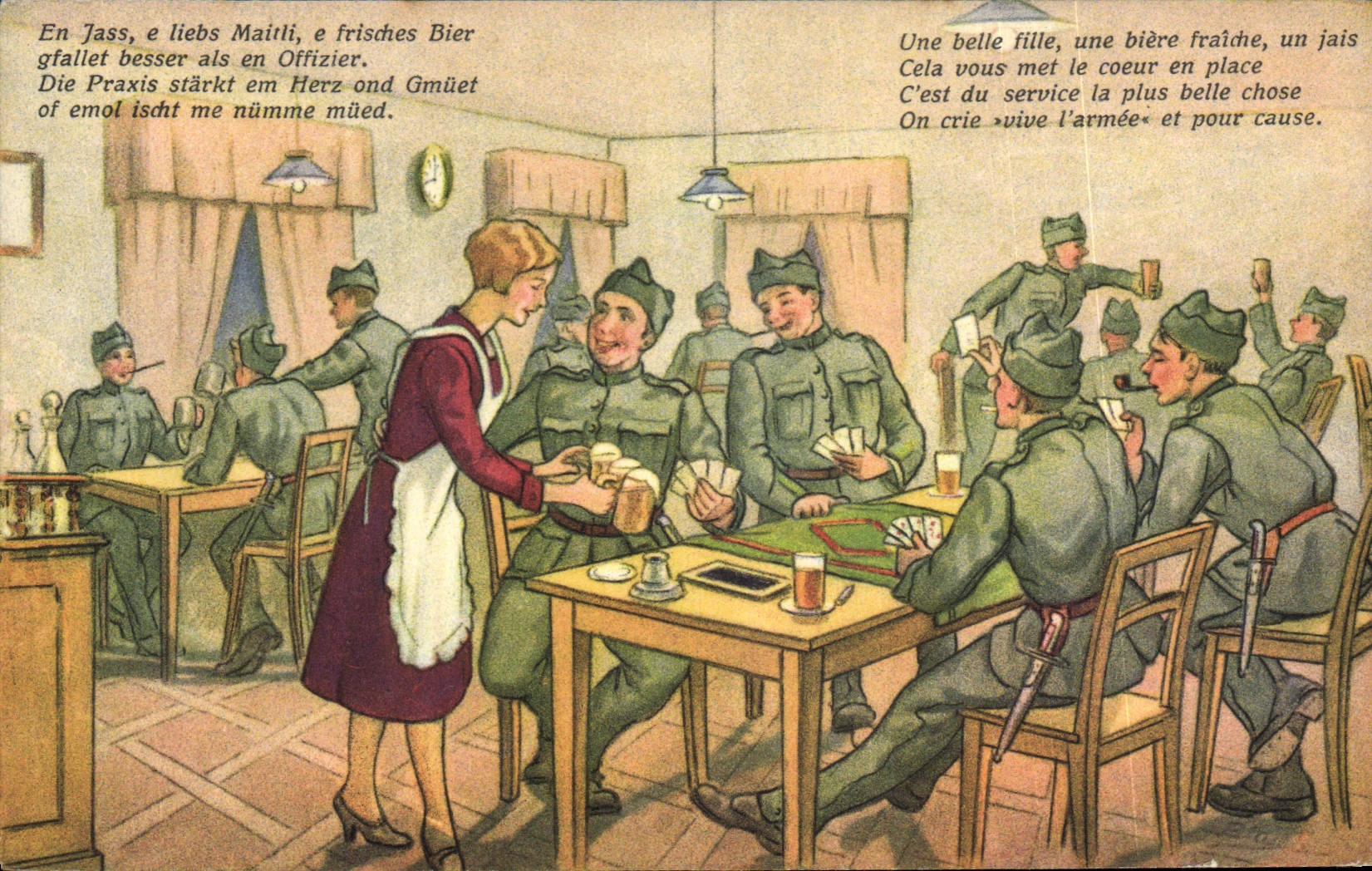 Soldats en tenue de campagne jouant aux cartes — serveuse — éditeur Jos. Schönenberger, Meilen