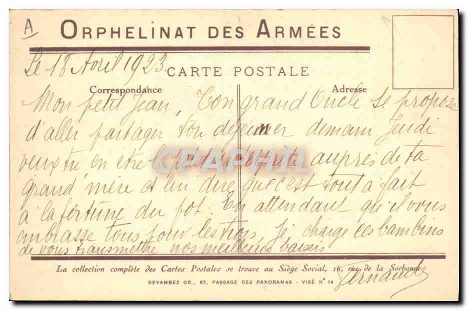 CPA Militaria Orphelinat des Armees Enfants Avion Aviation Lune  — Verso
