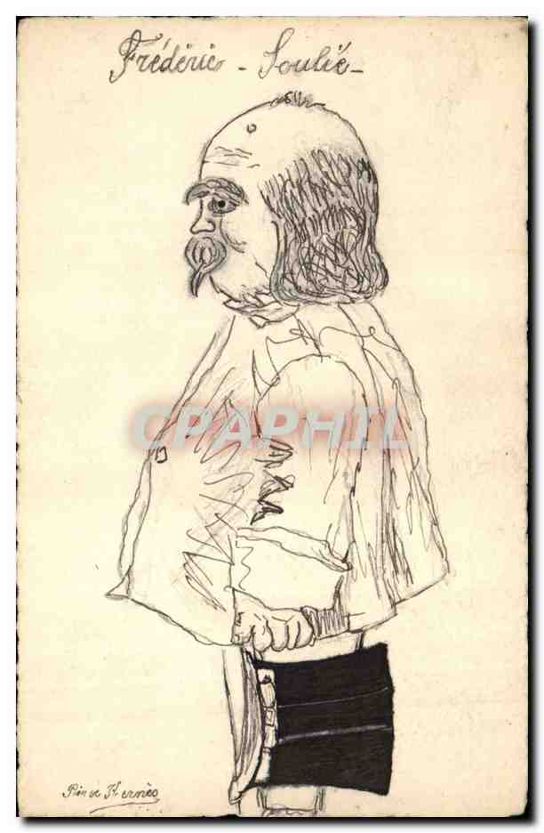 Caricature de Frédéric Soulié — dessin au crayon — signée 'Pini de H. Larnèo'