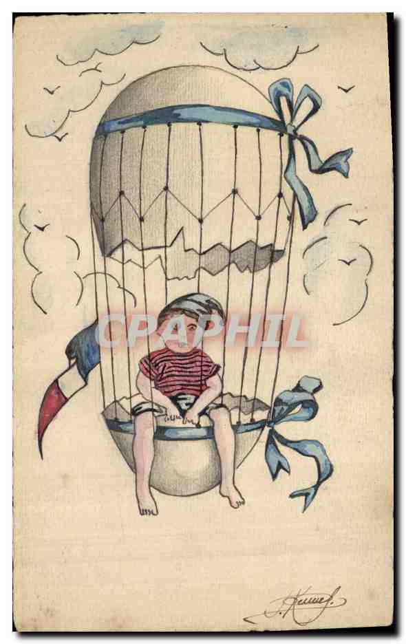 Enfant dans un ballon captif — décoré de drapeau français — dessin de J. Keneuf
