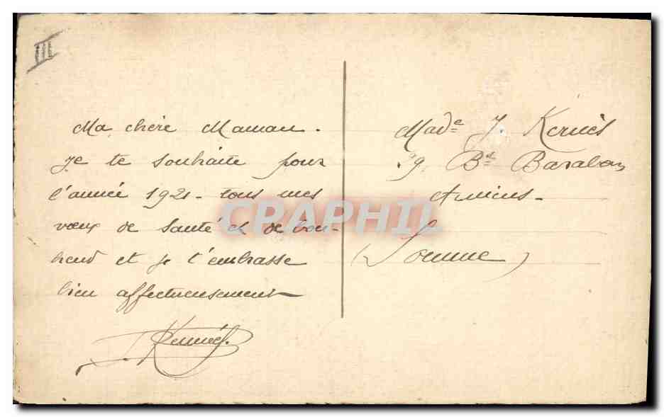 Enfant dans un ballon captif — décoré de drapeau français — dessin de J. Keneuf — Verso