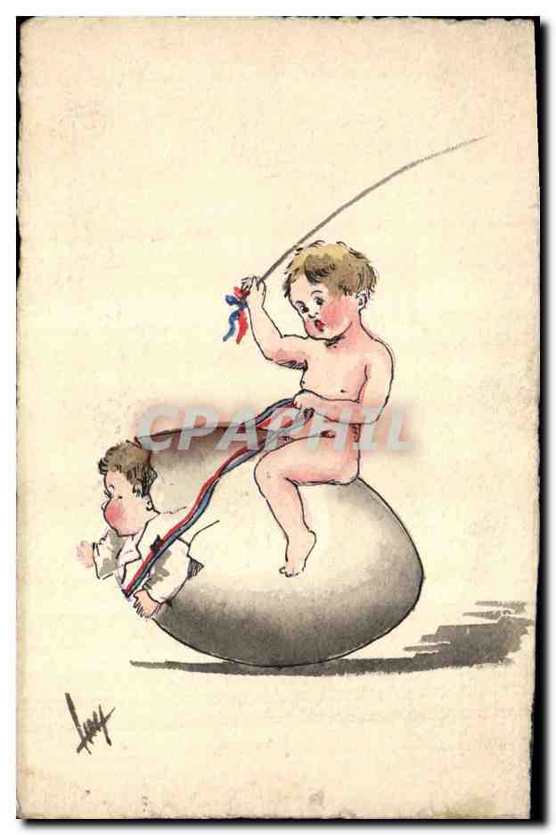 Deux enfants jouant sur une boule — dessin à l'aquarelle — signé 'Luyt'