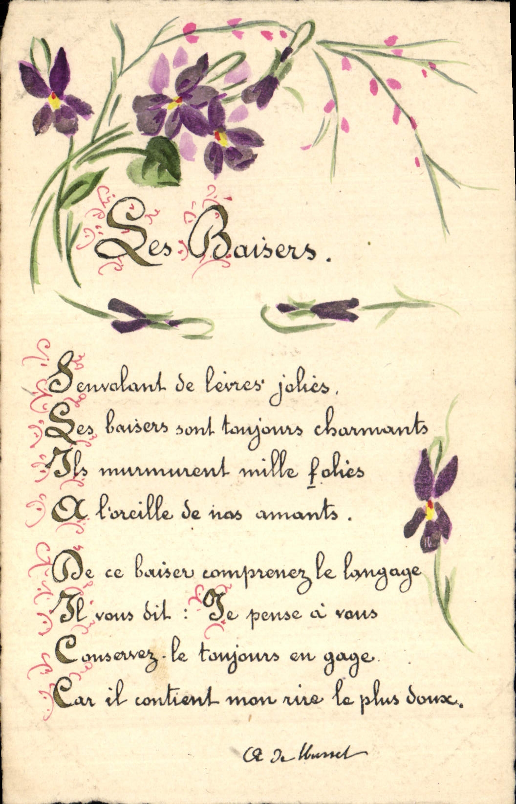 Les Baisers — poème illustré de violettes — Carte Postale