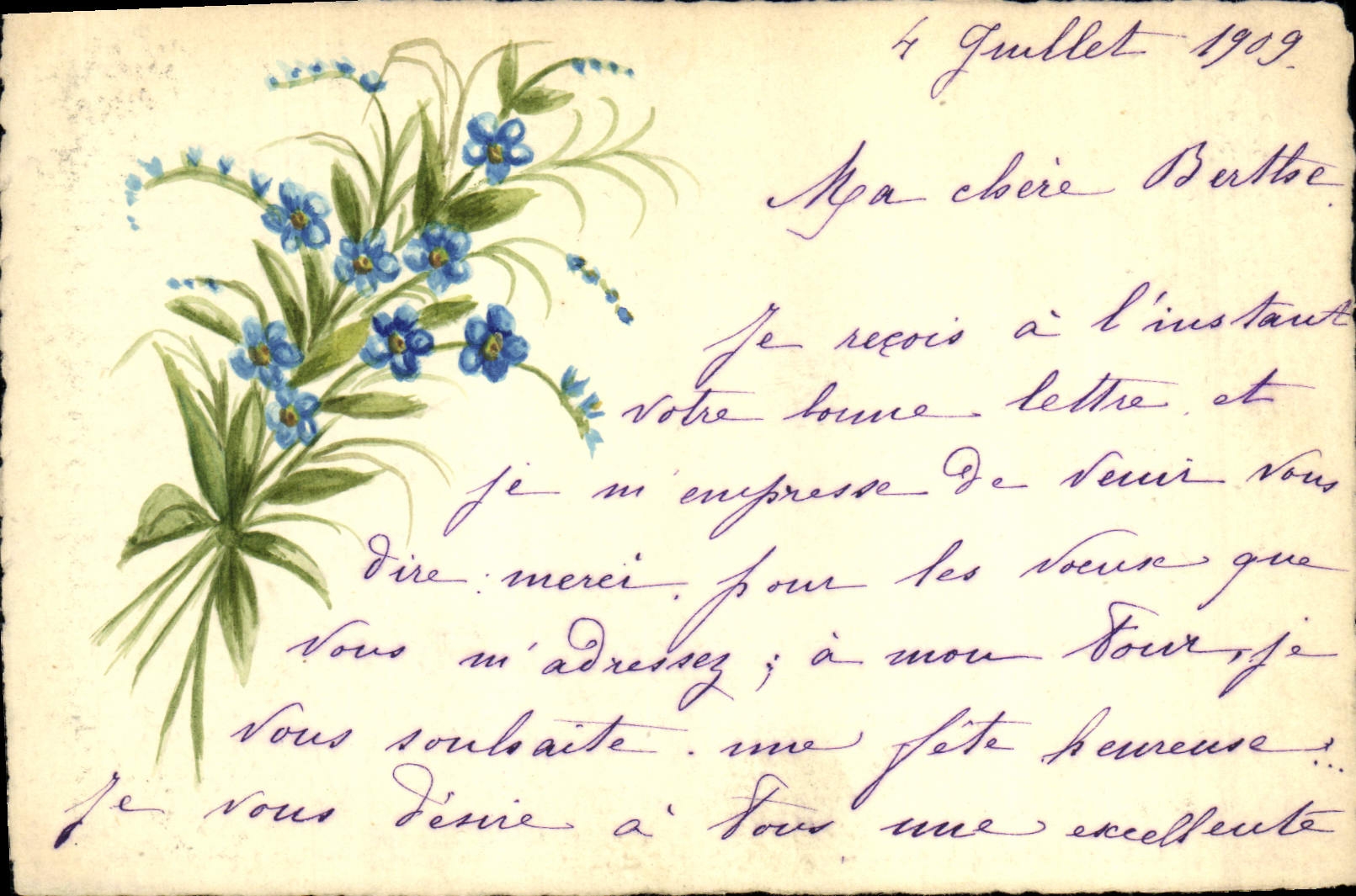 Fleurs bleues — carte postale manuscrite — datée 4 juillet 1909