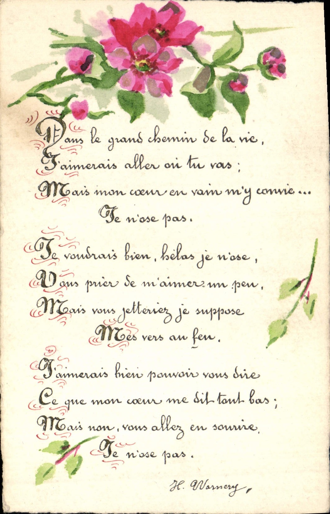 Fleurs roses — poème calligraphié — H. Warner
