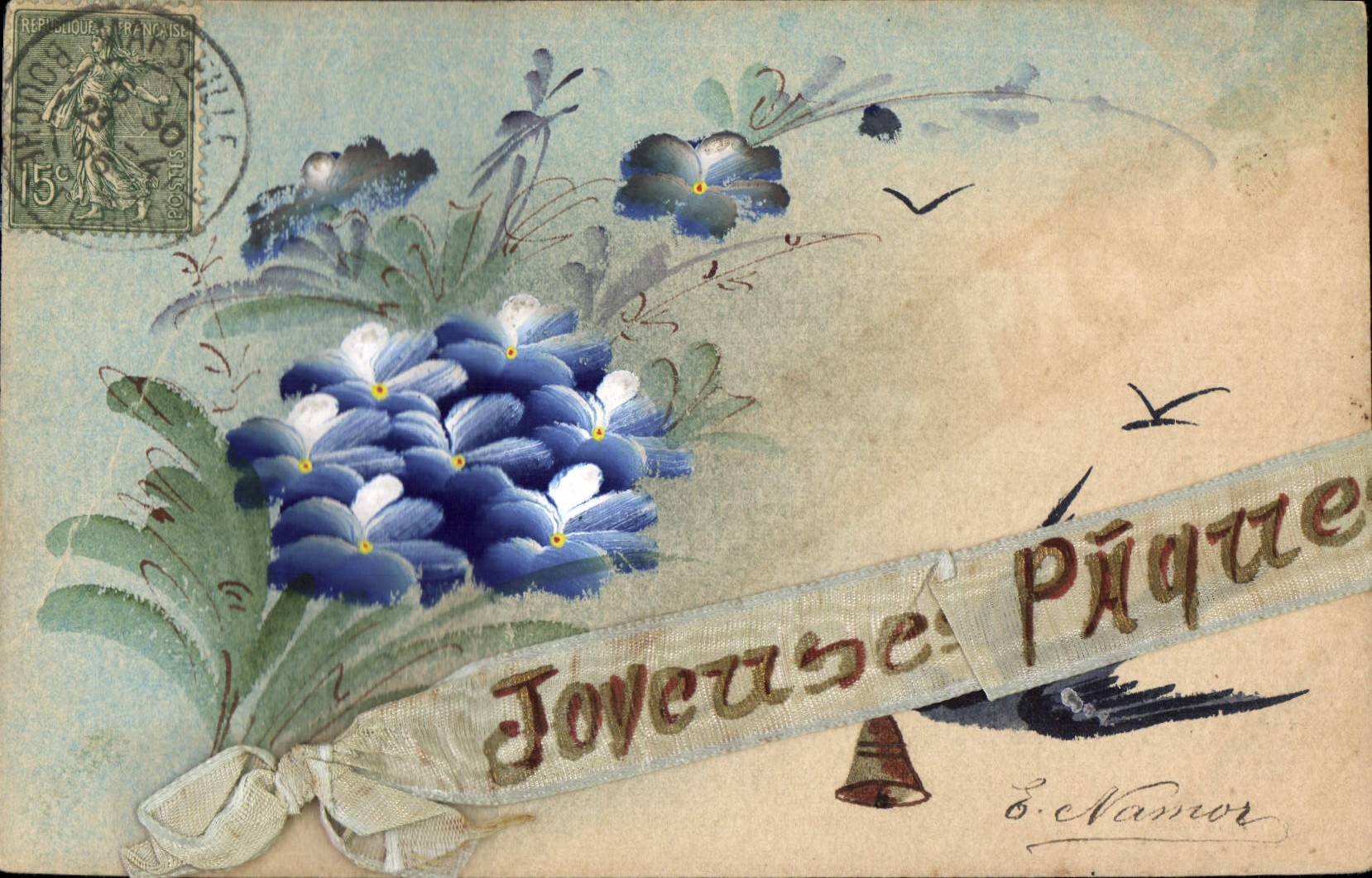 Fleurs bleues et oiseaux — Joyeuse Piquée — É. Namor