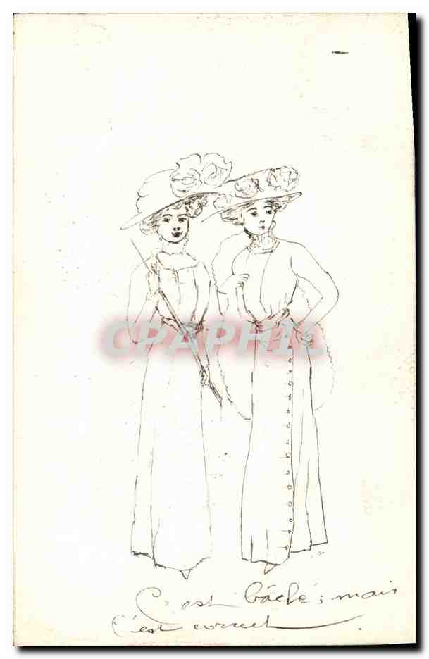 Deux femmes en tenue d'époque — dessin à l'encre — éditeur inconnu
