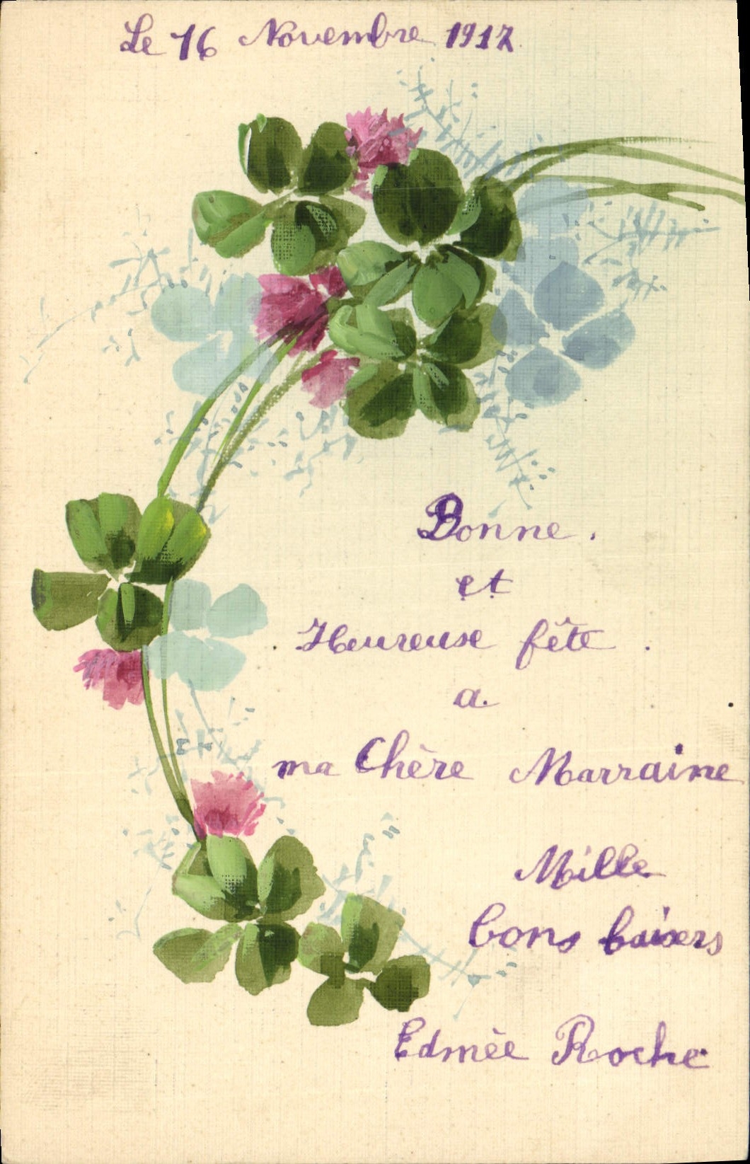 Fleurs de trèfle — Carte de vœux pour la marraine — Edmée Roche