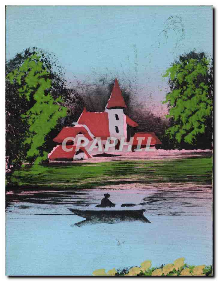 Église au bord d'un lac — scène pastorale — sans éditeur ni numéro de série visible