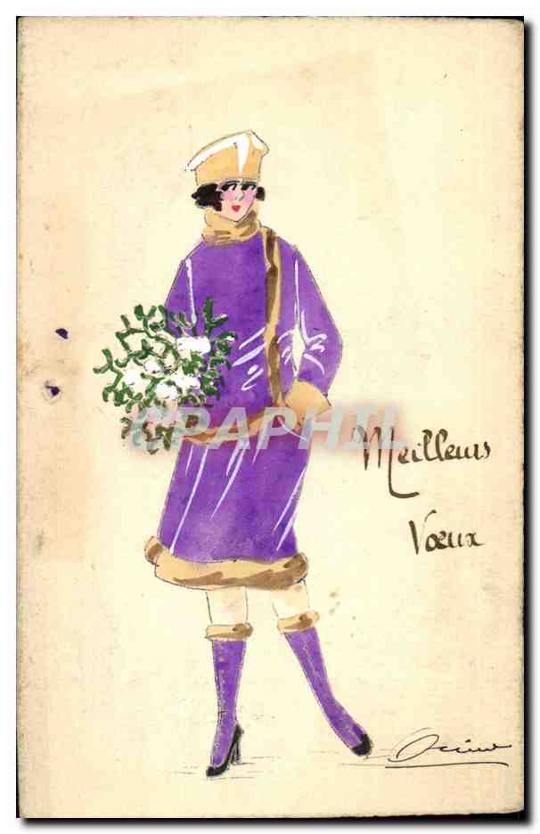 Femme en robe violette tenant un bouquet — Meilleurs Vœux — Signé Oceius
