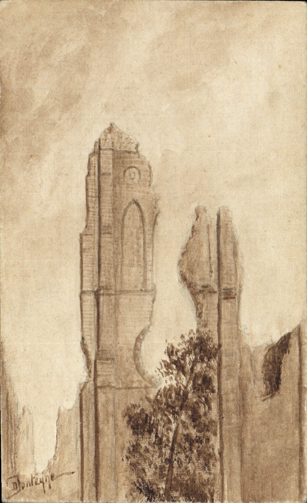 Ruines d'un édifice religieux — dessin à l'encre et à l'aquarelle — signé Monteype