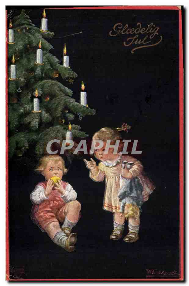 Deux enfants près d'un sapin de Noël — Glædelig Jul — éditeur Primus, n° 1194