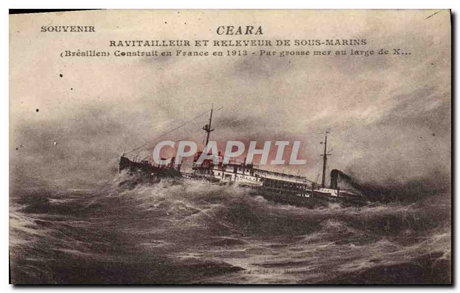 CPA Bateau de Guerre Ceara Ravitailleur et releveur de sous marins Bresilien par grosse mer Bresil B