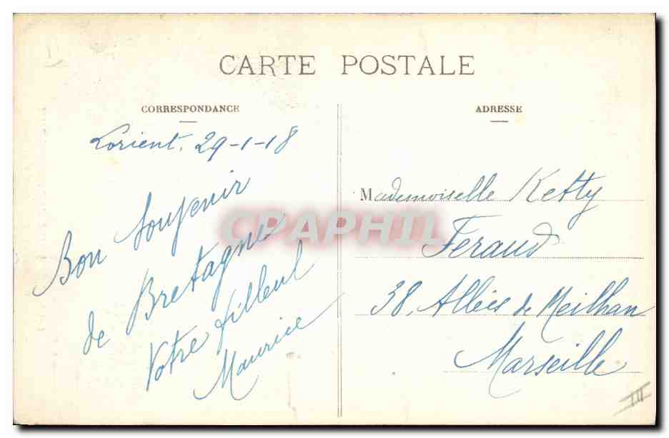 CPA Folklore Bretagne Jeunes filles de Lorient et de Baud — Verso