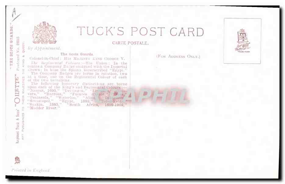 Les Scots Guards — Le Relèvement — Tuck's Post Card n° 8955 — Rückseite