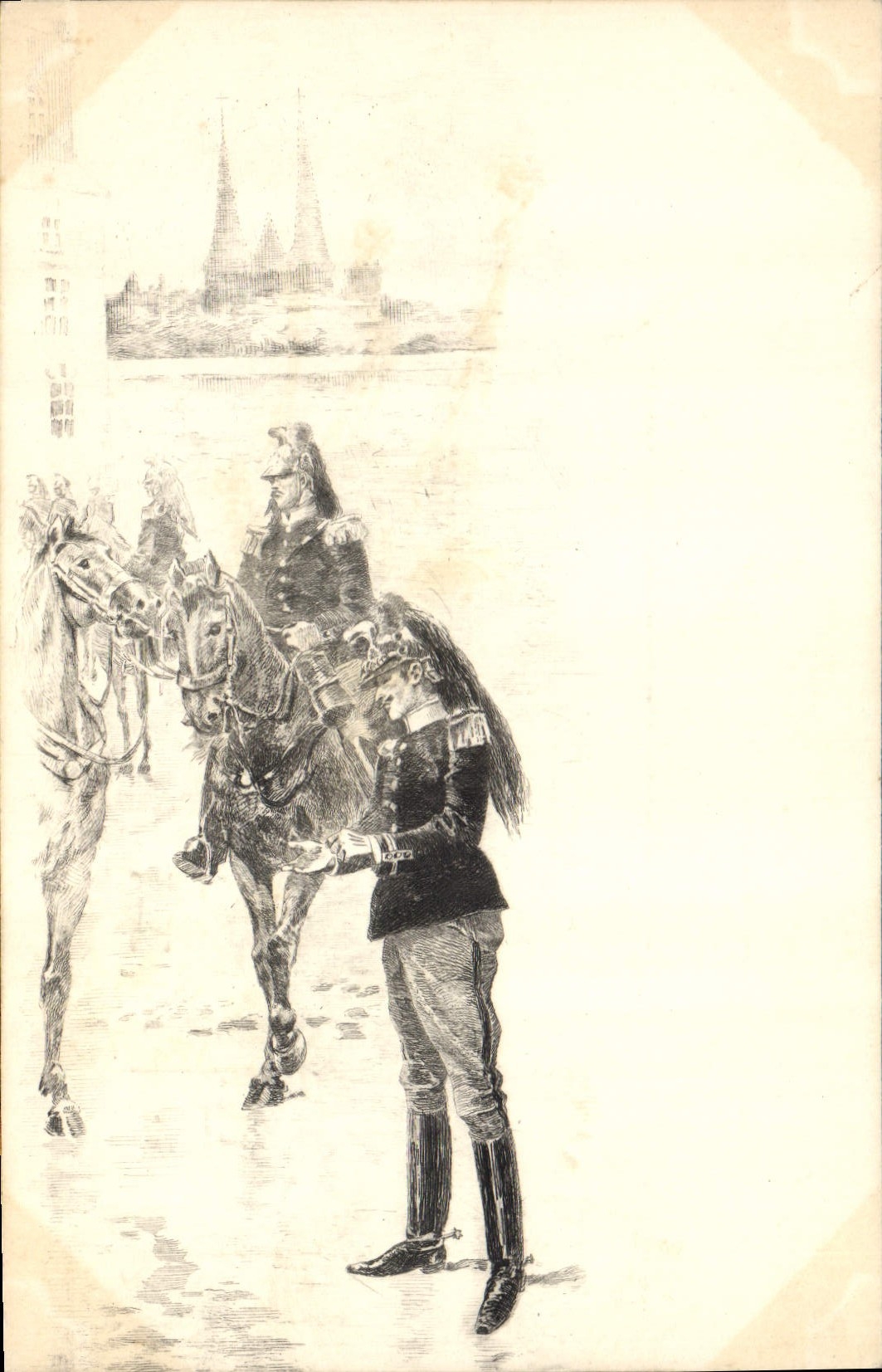 Officiers à cheval — Vue de la cathédrale de Saint-Pierre-et-Saint-Paul — Éditeur non identifié