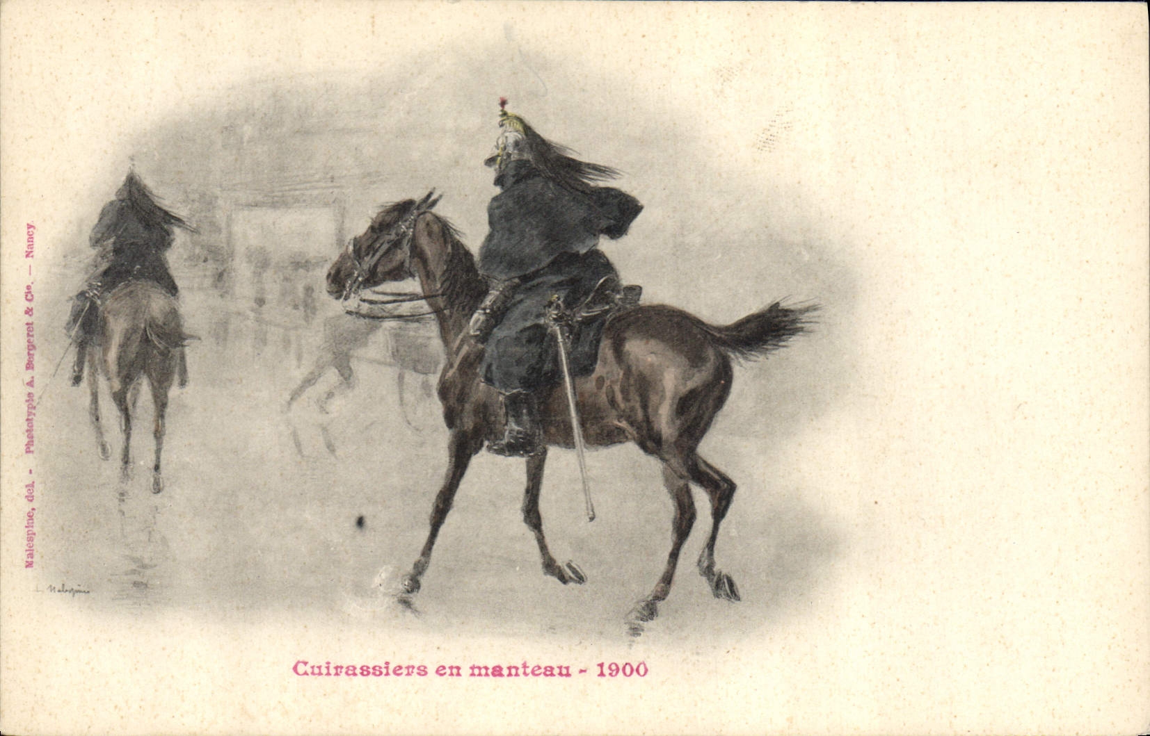 Cuirassiers en manteau - 1900 — Phototypie A. Bergerot & Cie — Nancy