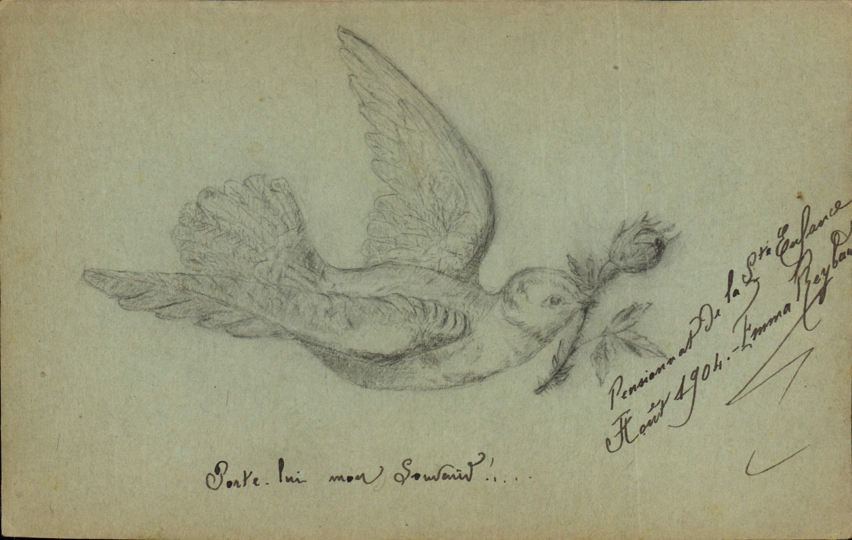 Colombe avec branche de fleur — Pensionnat de la Sainte Enfance — datée février 1904 — éditeur inconnu