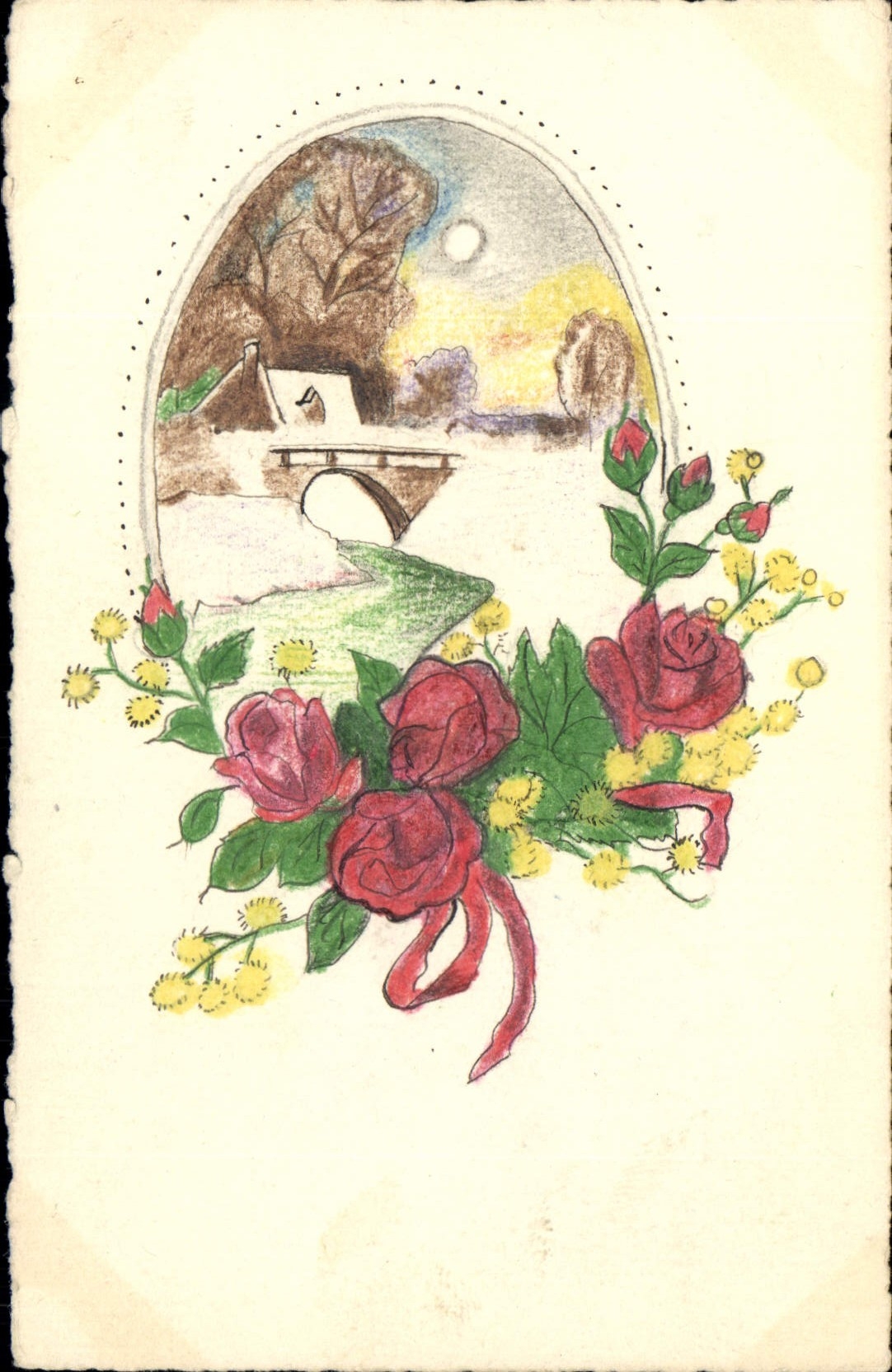 Paysage avec pont — décor floral — carte postale
