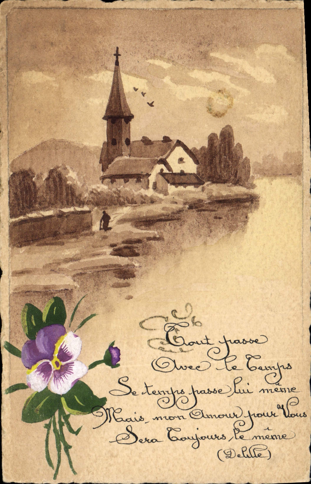 Église au bord d'un lac — illustration à l'aquarelle — éditeur non identifié