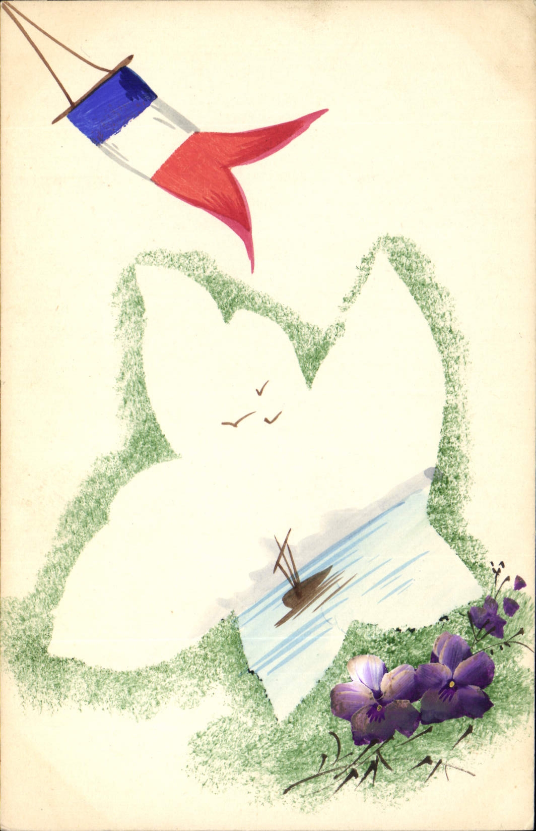 Bateau sur un lac — avec drapeau français et violettes — éditeur CPAPHIL, n° III