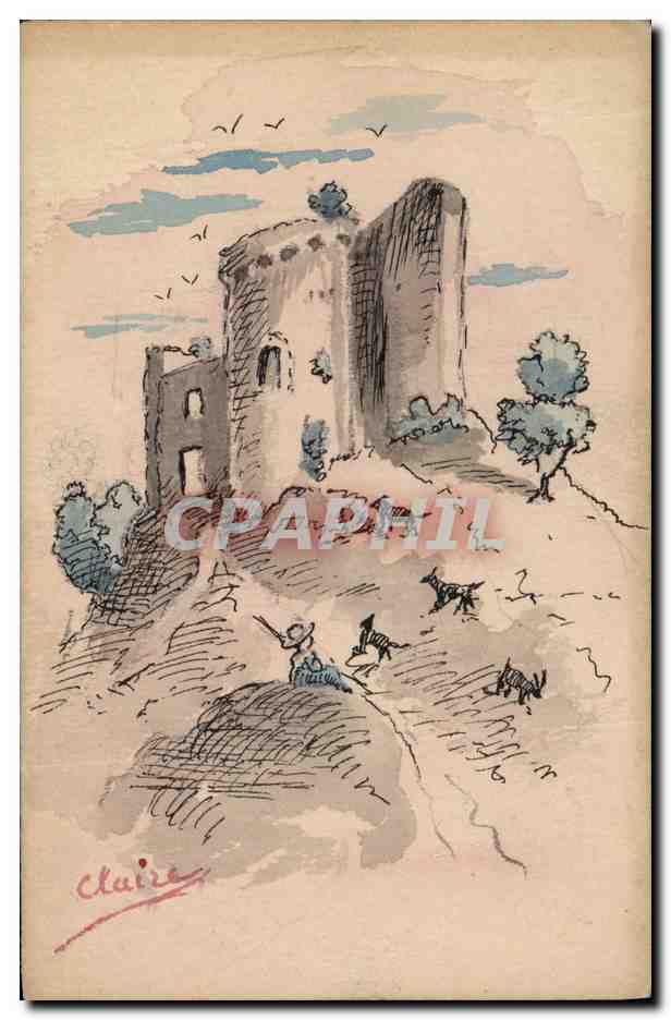 Ruines de château — dessin à l'encre et aquarelle — Claire